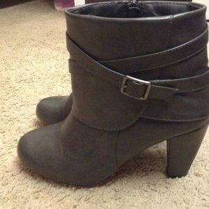 Grey leather heeled boots