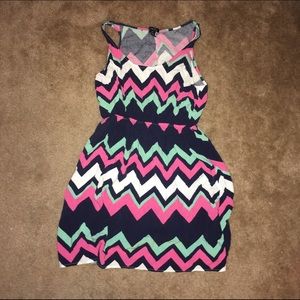 Navy, pink, teal and white dress with keyhole back
