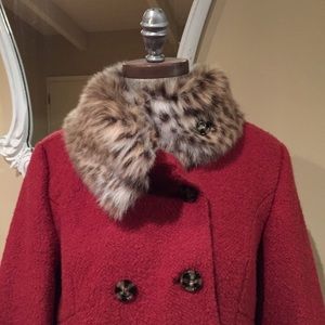 Faux fur leopard print trim pea coat