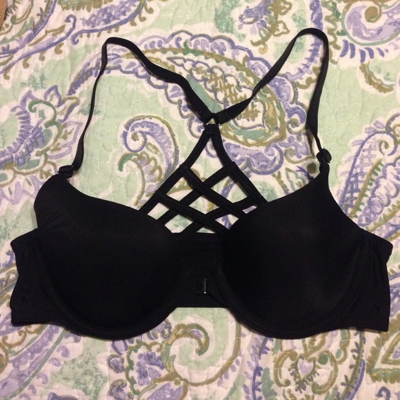 Cut black racerback bra