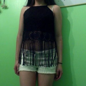 Black Crochet Fringe Lace Crop Top
