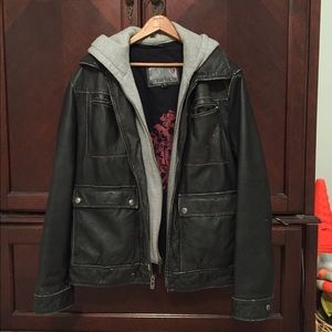 Men's GUESS dark brown leather jacket w/ hood