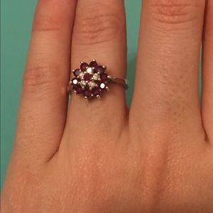 Sterling Silver Ruby and Diamond Cluster ring