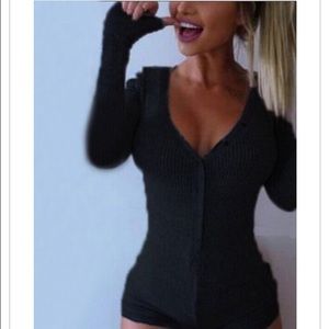 Black V Neck Ribbed Button Bodysuit
