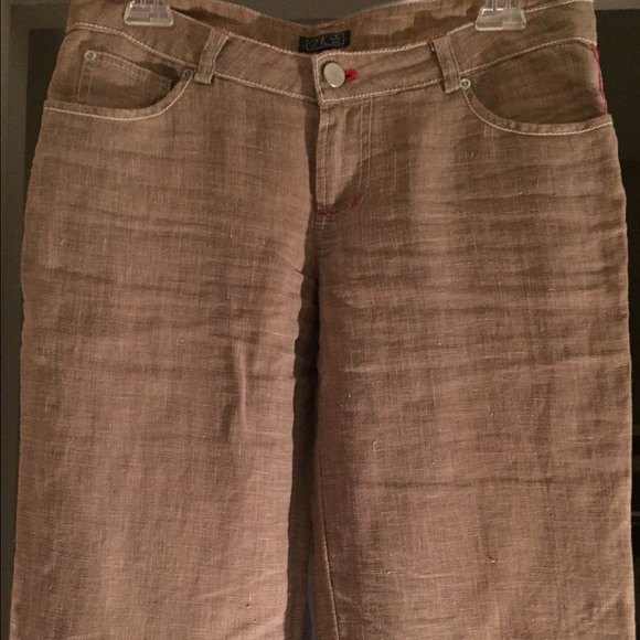 Womens linen pants.  Tan in color with red stitch.