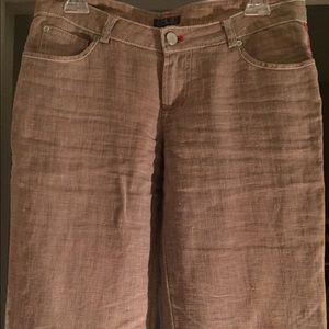 Womens linen pants.  Tan in color with red stitch.