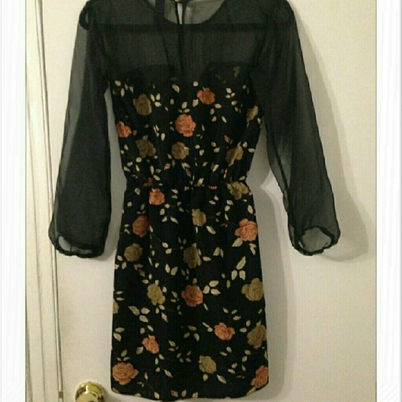 Floral dress with black sheer sleeves