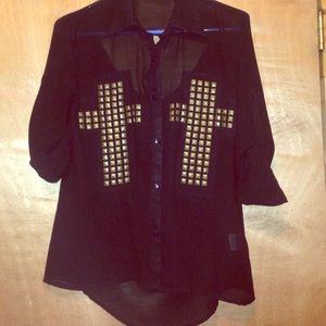 Sheer button up with gold cross