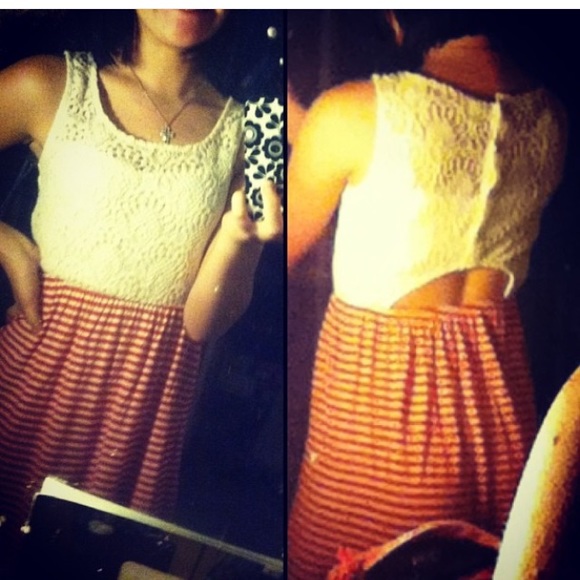 White lace and red striped dress