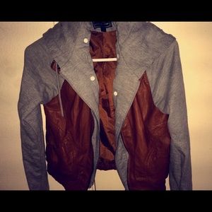 Brown leather & grey hoodie jacket.