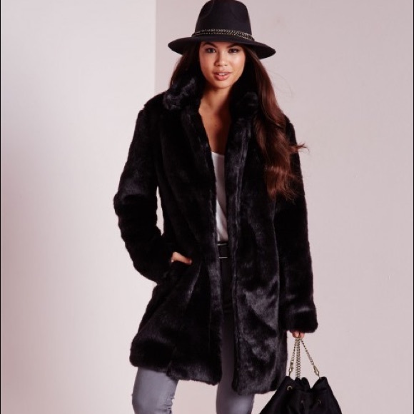 Miss Guided- Longline Fax Fur Coat Black