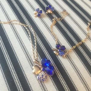 Royal blue 18kgp clover necklace earrings set