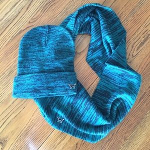Dark teal VS pink beanie and scarf