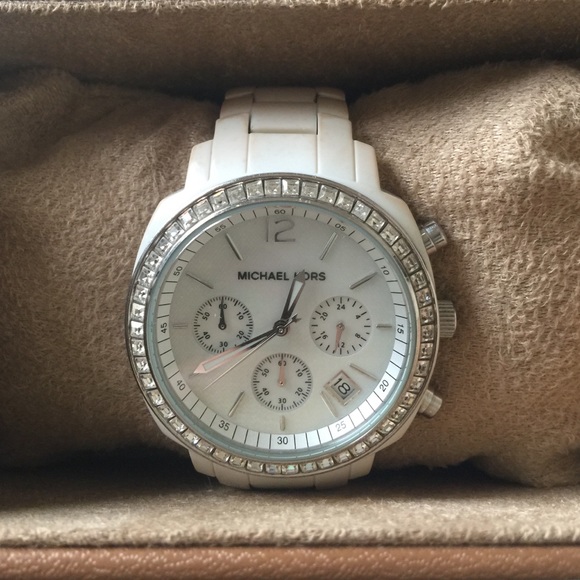 Michael Kors Jewelry - White Swavorski Encrusted Michael Kors watch