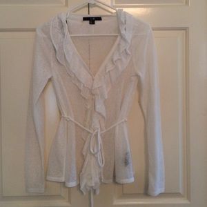 Sheer white ruffle cardigan with tie