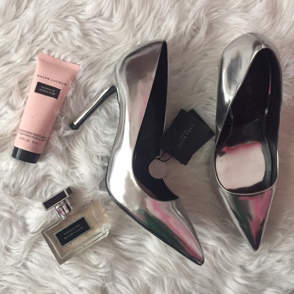 NWT Zara Pointed Toe Silver Shine Heels