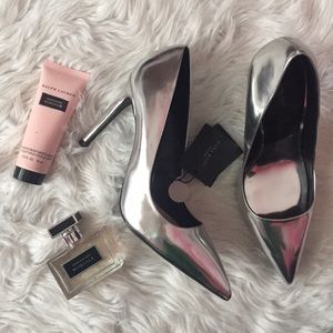 NWT Zara Pointed Toe Silver Shine Heels