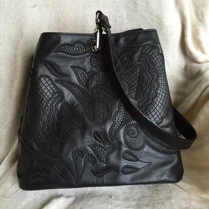 NWT CHICO'S 100% Leather Purse, Embroidered Black