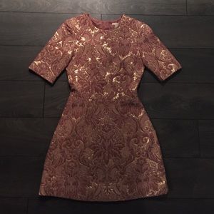 gold & pink baroque/brocade fit & flare dress