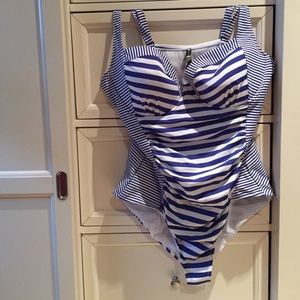 Blue and white one piece swimsuit