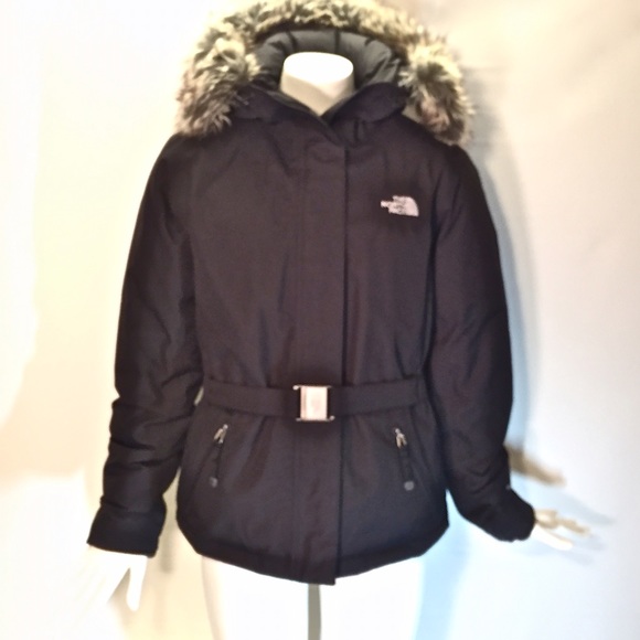 North Face belted jacket with faux fur trim.