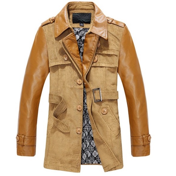 Turn-Down Collar Leather Splicing Coat For Men