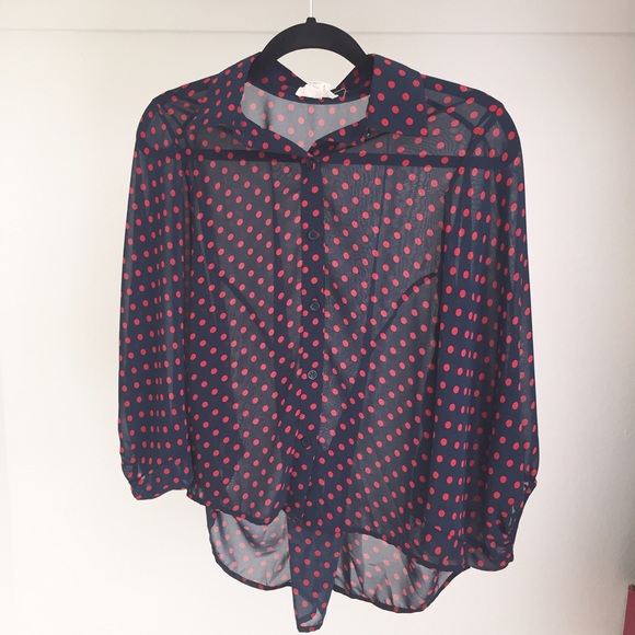 Navy Blue and Red Polka Dot Sheer Shirt