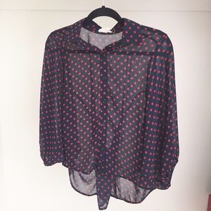 Navy Blue and Red Polka Dot Sheer Shirt