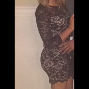 Black and nude lace dress with open back