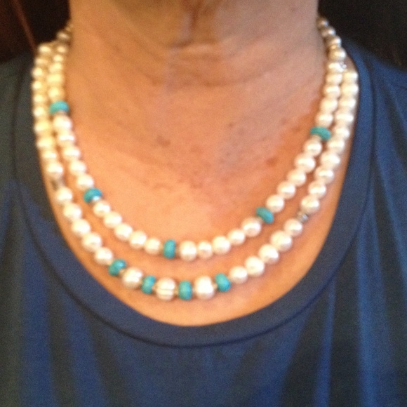 Real pearl, turquoise and silver necklace
