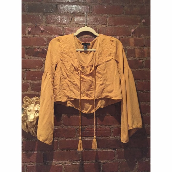 Tops - Mustard embroidered peasant crop top