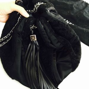 Auth. Chanel Silk & Sherpa Evening Drawstring Bag