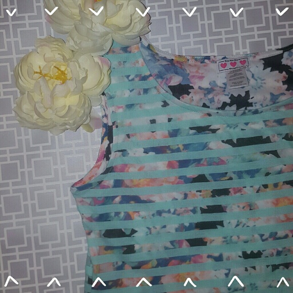 Trixxi Mesh Layered Floral and Striped Tank