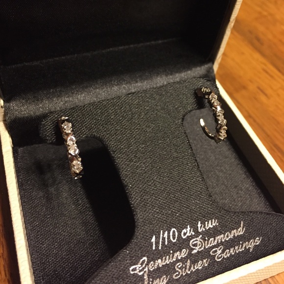 SOLD Genuine Diamond Sterling Silver Hoop Earrings - Picture 2 of 4