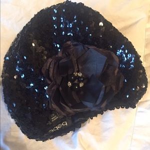 Bebe Black Sequin Beret with Flower