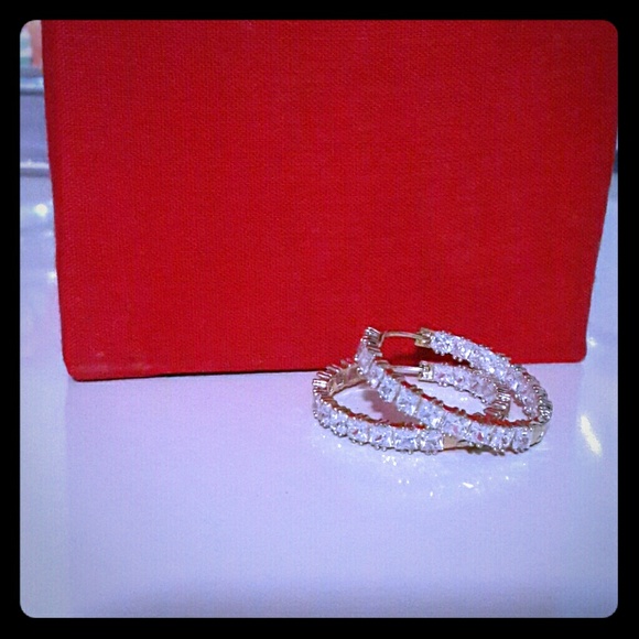Princess cut hoop earrings gold tone
