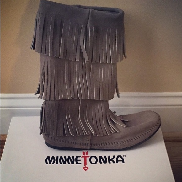 Minnetonka Grey Fringe Boots