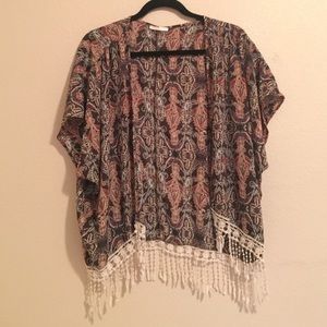 Brown bohemian print kimono with tassels