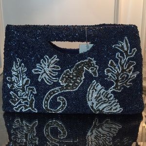 Beaded Navy Coral and Seahorse Clutch