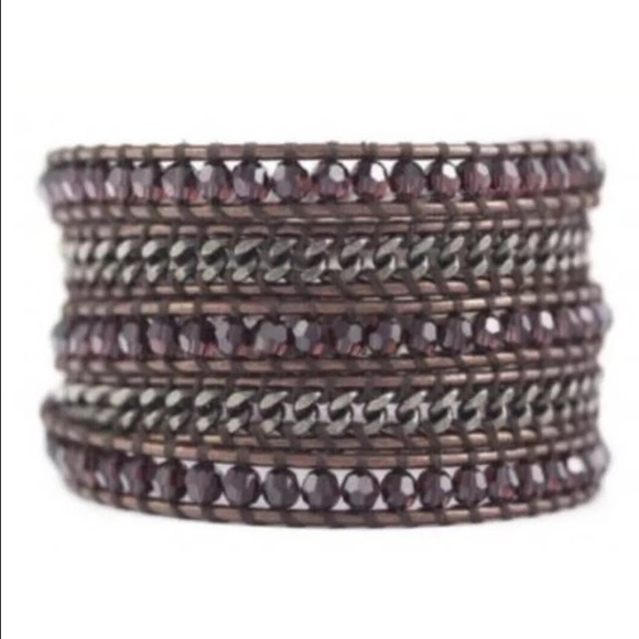 Leather wrap bracelet. Crystal wine red beads
