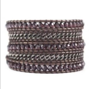 Leather wrap bracelet. Crystal wine red beads