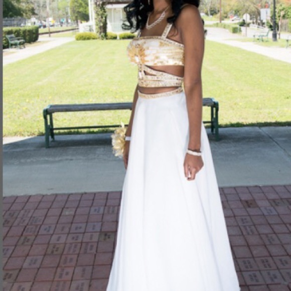 white and gold sherri hill prom dress Sherri Hill Beaded Open Back Prom Dress 57143 main image 1