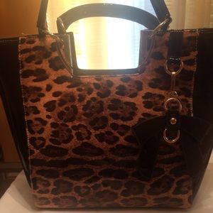 Black patent leather leopard handbag