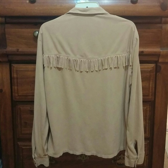 💀  Beige V Neck Fringed Long Sleeve Top sz L - Picture 2 of 3