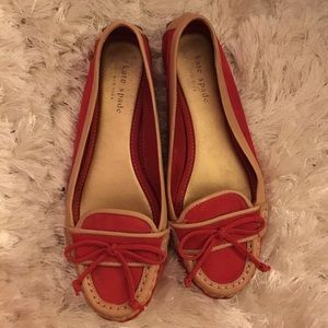 Kate Spade Red Suede and Tan Leather Loafers.
