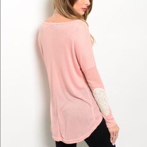 Blush long sleeve with crochet lace elbow patches