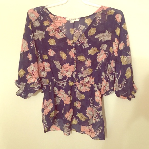 Forever 21 Dark Blue Floral Sheer Top