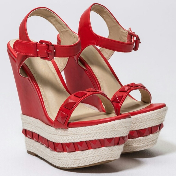 🛑NOT FOR SALE 🛑-  RED & WHITE 6" ANKLE STRAP WEDGE HEELS - 8.5..NEW! - Picture 3 of 6