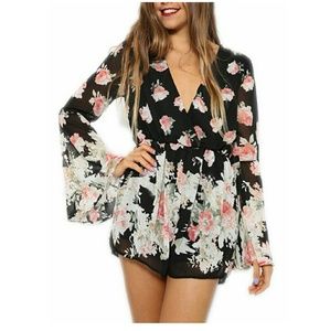 Floral romper black small playsuit long flare