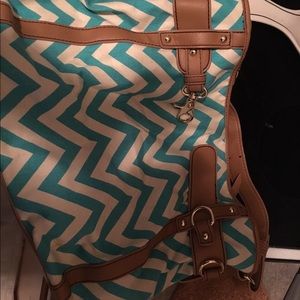Teal and white chevron purse